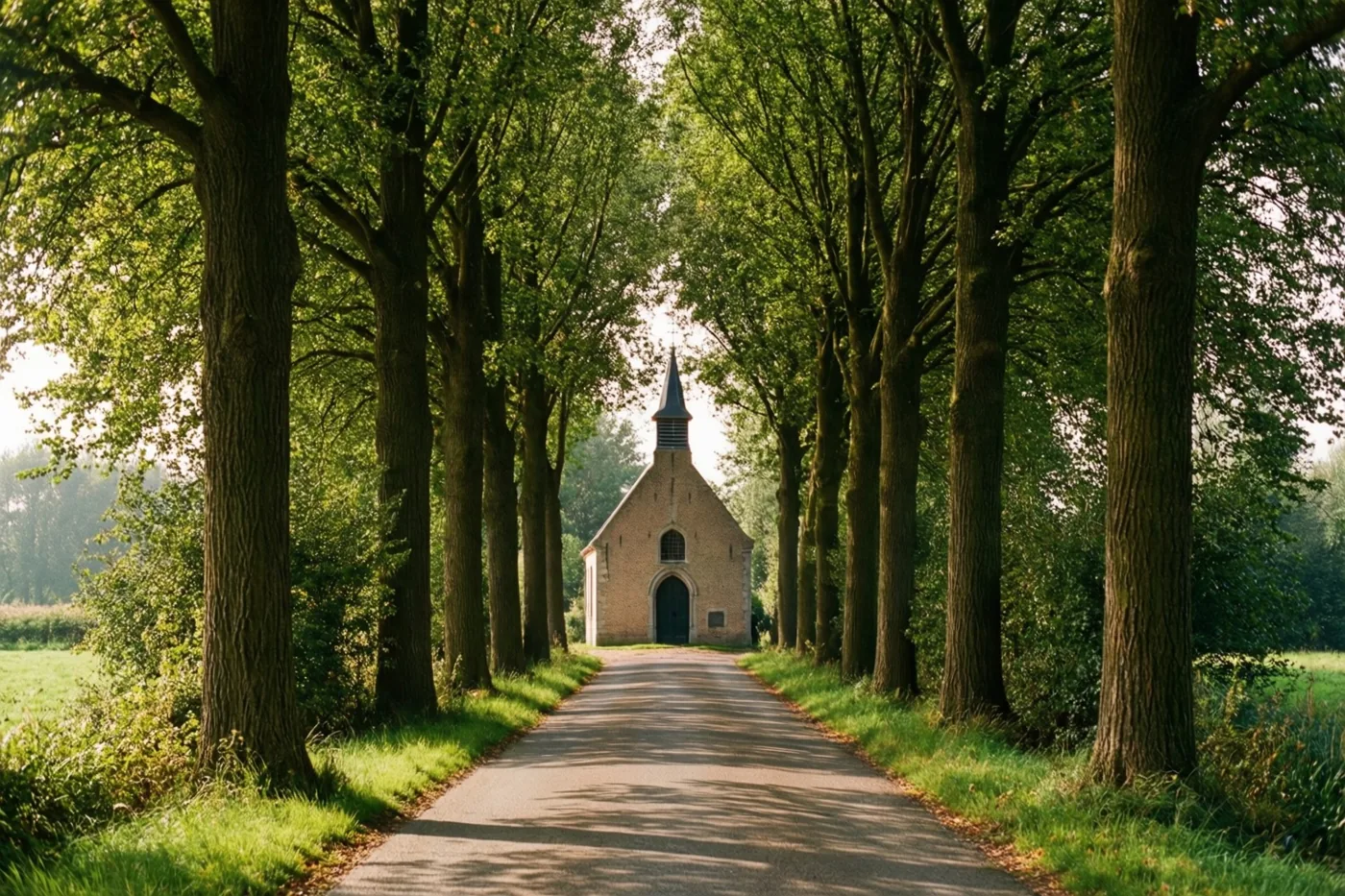 Een kleine bakstenen kapel met een spitse toren staat aan een verharde landweg tussen hoge loofbomen, groen gras en velden in gevlekt zonlicht.