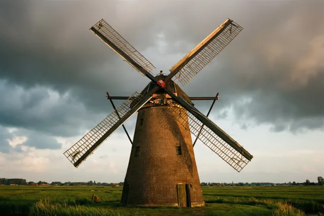 Een stevige bakstenen windmolen staat in een groen polderveld onder een donkere, stormachtige hemel.