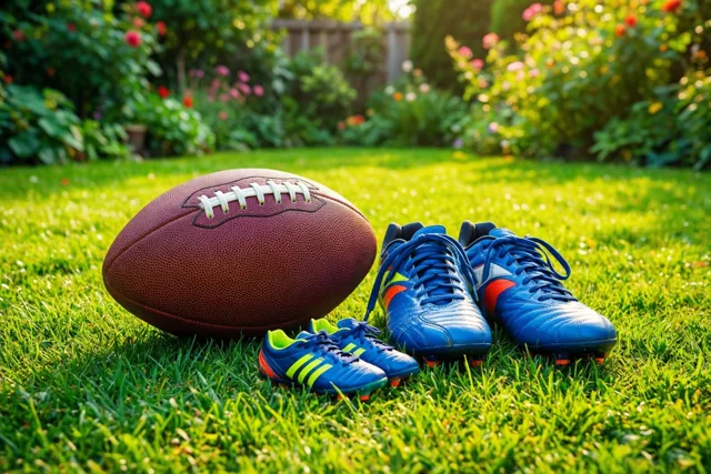 Een bruine Americanfootballbal en twee paar blauwe sportschoenen liggen op een zonnig gazon met kleurrijke bloemen op de achtergrond.