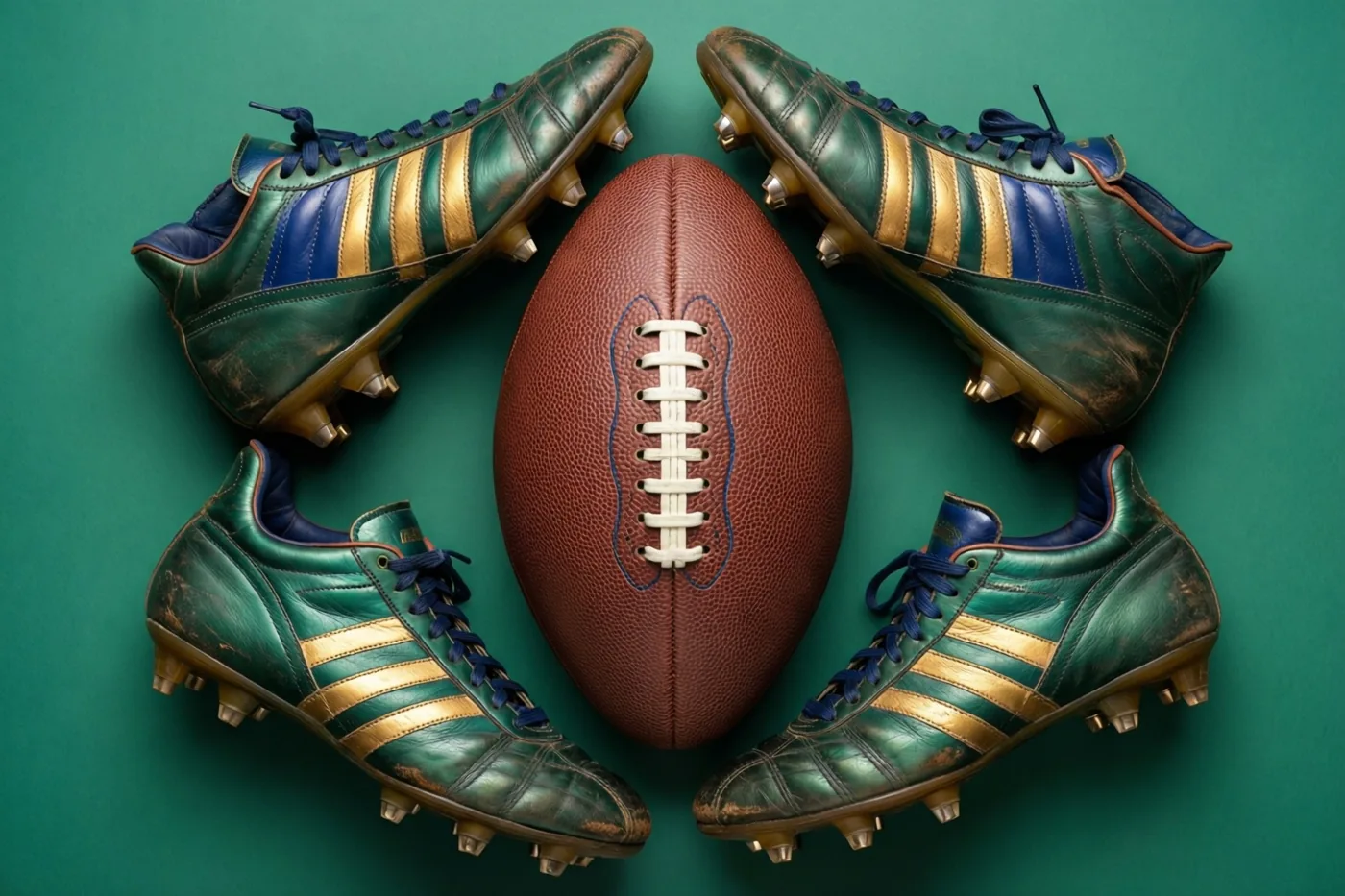 Een bruine leren bal voor American football ligt tussen vier oude groene en goudkleurige voetbalschoenen met noppen tegen een effen groene achtergrond.