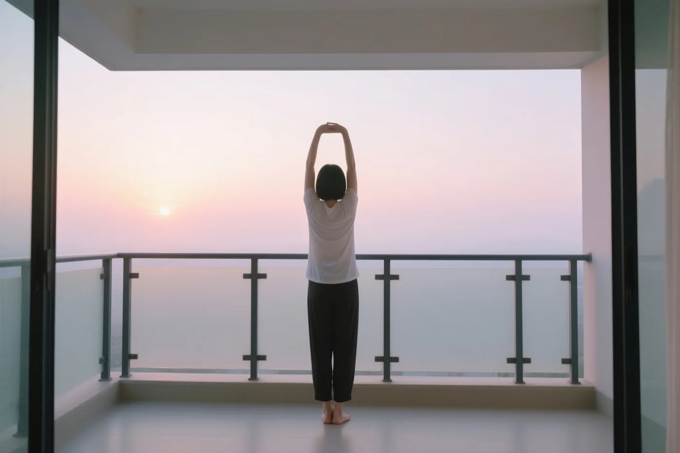 Een persoon staat met de rug naar de camera en de armen omhoog op een modern balkon bij zonsopgang in zachtroze en lichtgele tinten.