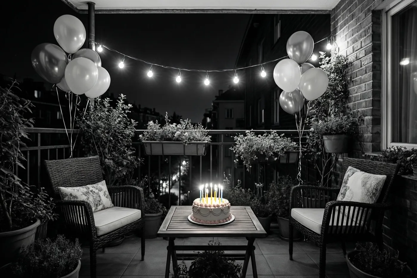 Op een zwart-witfoto staat 's nachts een kleine taart met brandende kaarsjes op een houten tafel op een balkon met lichtslingers, ballonnen, potplanten en rieten stoelen.