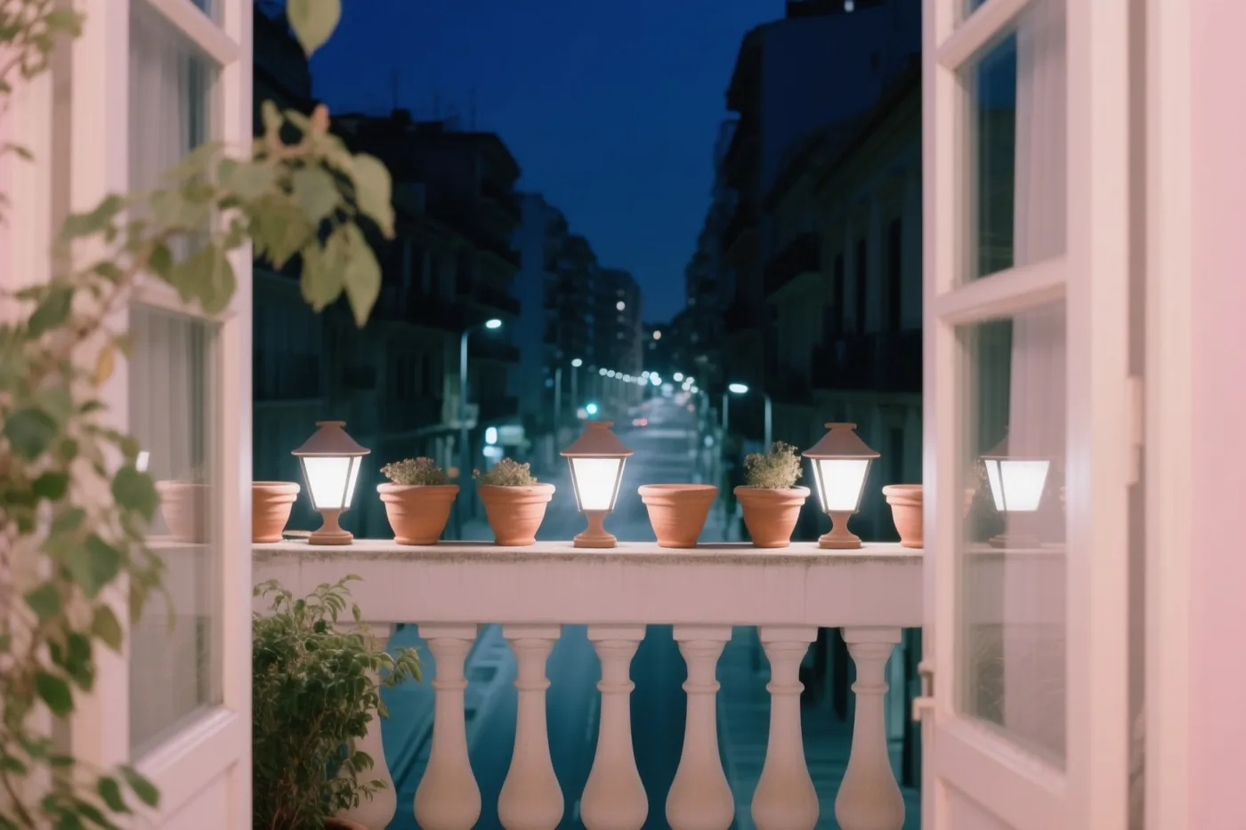 Een balkon met terracotta potten en brandende lampjes van klei kijkt uit op een zwak verlichte stadsstraat onder een diepblauwe nachthemel.