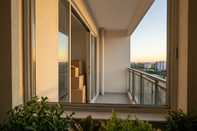 Door een glazen deur is een balkon in goudkleurig avondlicht te zien, met gestapelde verhuisdozen binnen en een stadsgezicht in de verte.