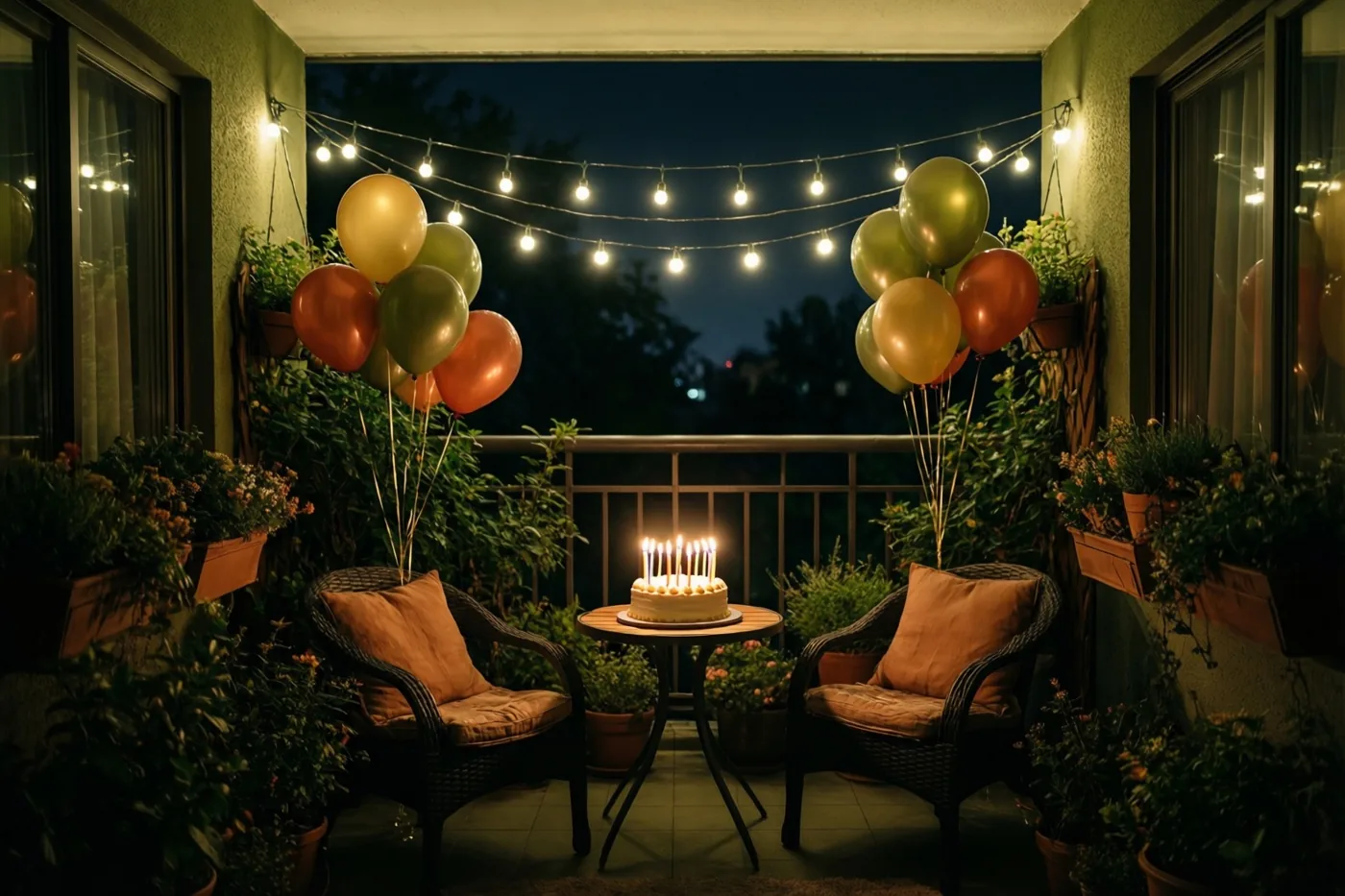 Op een balkon staan 's nachts een ronde tafel met een kleine taart met brandende kaarsjes en twee rieten stoelen tussen potplanten, lichtslingers en trossen ballonnen.
