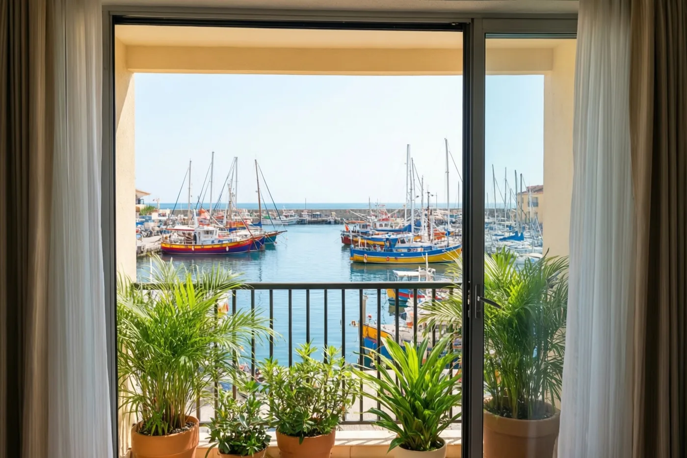 Een hotelbalkon met potplanten kijkt uit over een haven met kleurrijke boten onder een helderblauwe hemel.