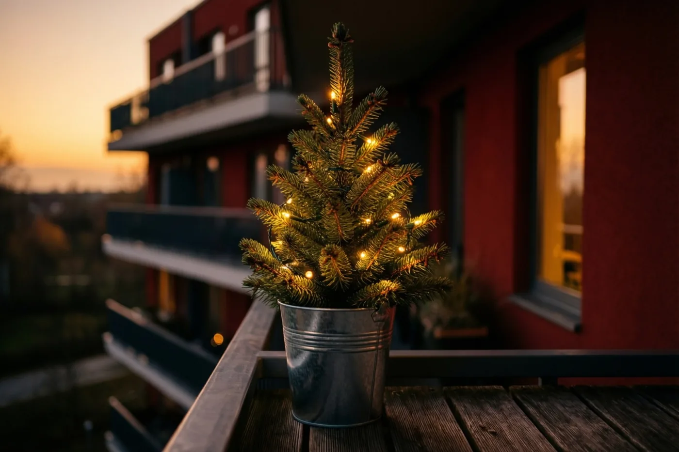 Een kleine kerstboom met warme lichtjes staat in een verzinkte emmer op een houten balkon bij valavond, met een rood appartementsgebouw onder een zachtoranje lucht op de achtergrond.