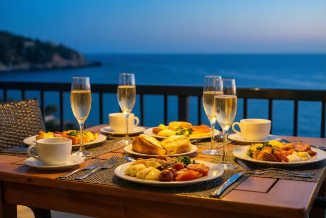 Op een houten balkontafel met uitzicht op zee staan borden met eten, champagneglazen en koffiekopjes in blauw en goudkleurig schemerlicht.