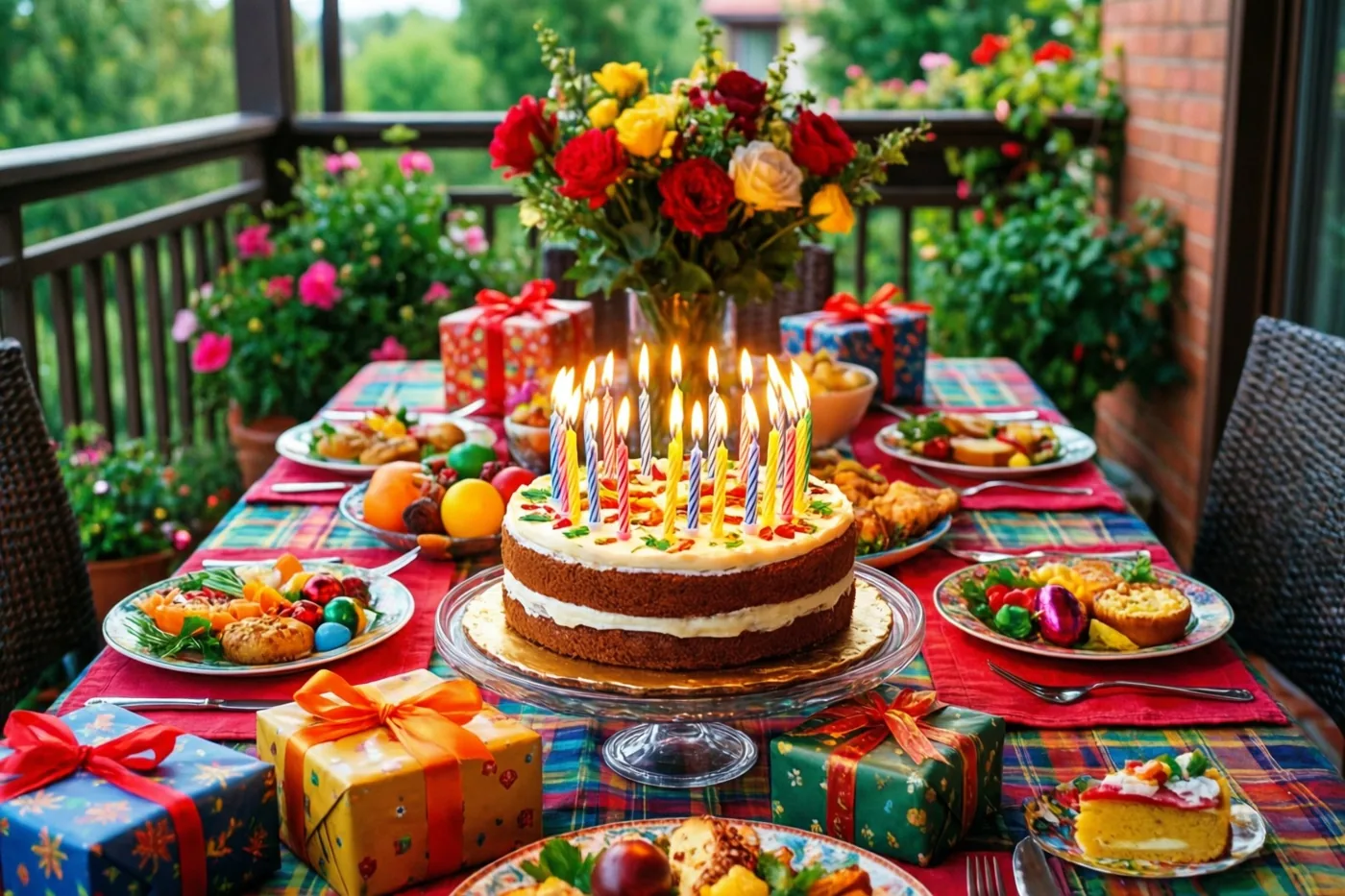 Een feestelijke brunchtafel op een balkon is gedekt met een taart met brandende kaarsjes en ingepakte cadeaus in levendige rode, gele en groene kleuren.