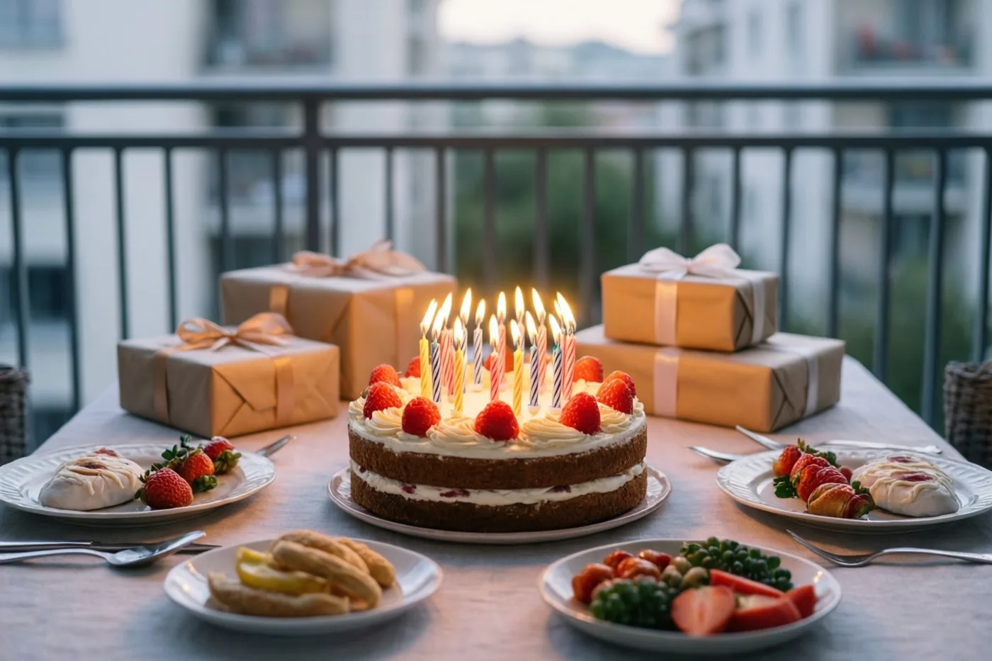 Op een balkontafel staat een gelaagde taart met aardbeien en brandende kaarsjes tussen ingepakte cadeaus en borden met gebak en fruit in zacht warm licht.