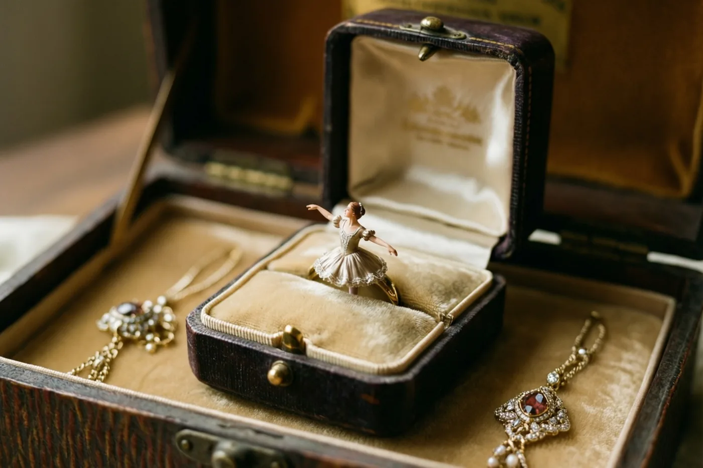 Een miniatuurballerina staat in een open ringdoosje binnen in een grotere vintage juwelendoos, met beige fluwelen voeringen en donkerbruine houten buitenkanten in zacht warm licht.