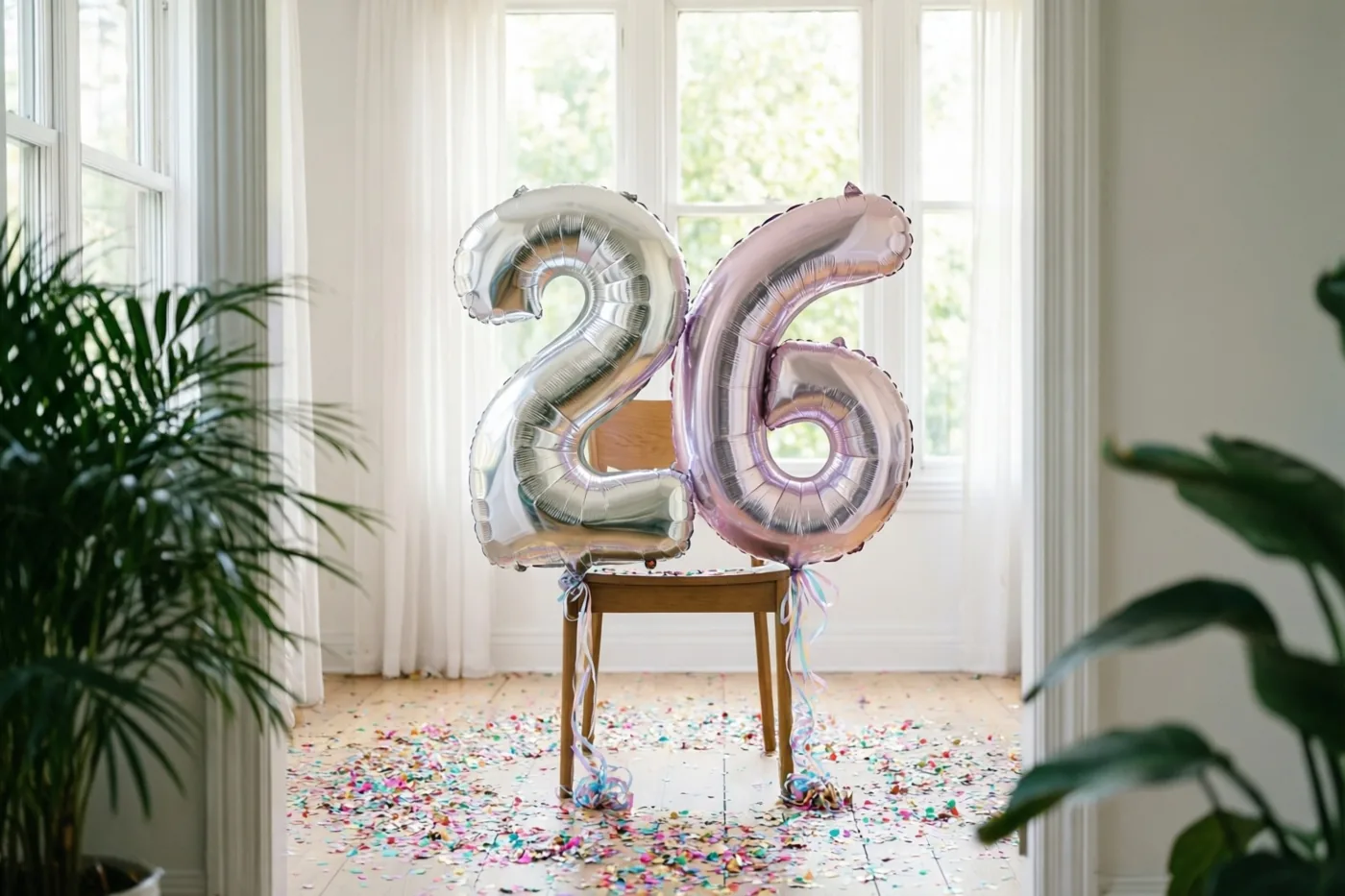 Twee grote folieballonnen vormen 26 aan een houten stoel in een lichte kamer met kleurrijke confetti op de vloer en groene planten vooraan en achteraan.
