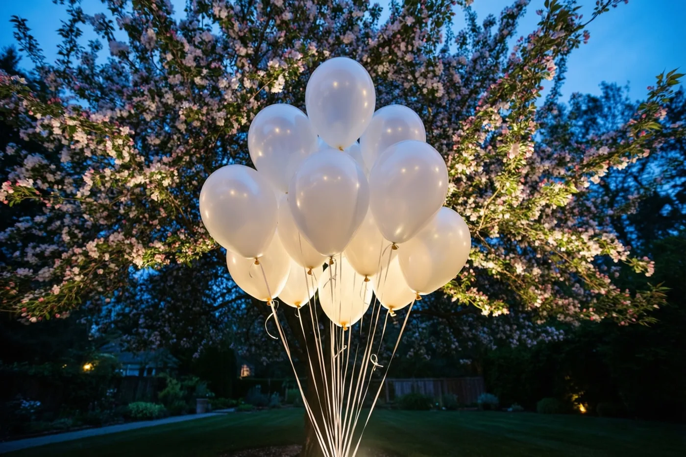 Een tros witte ballonnen hangt aan een bloeiende boom in een tuin bij schemering, verlicht door zacht licht.