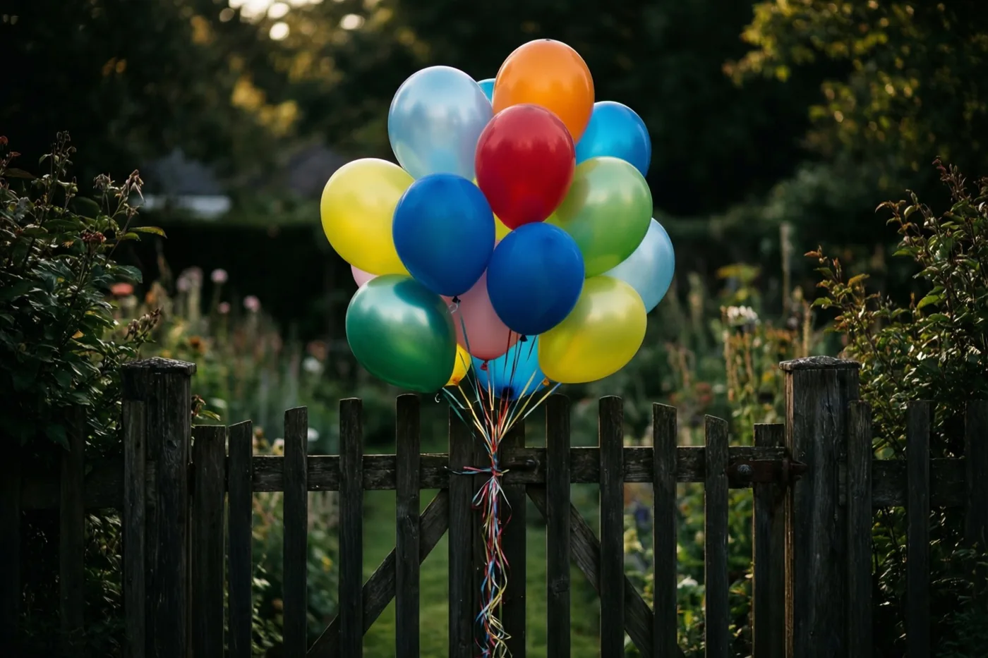Een bos kleurrijke ballonnen met vooral blauw, rood en geel hangt aan een donkere houten tuinpoort voor een onscherpe groene tuin.