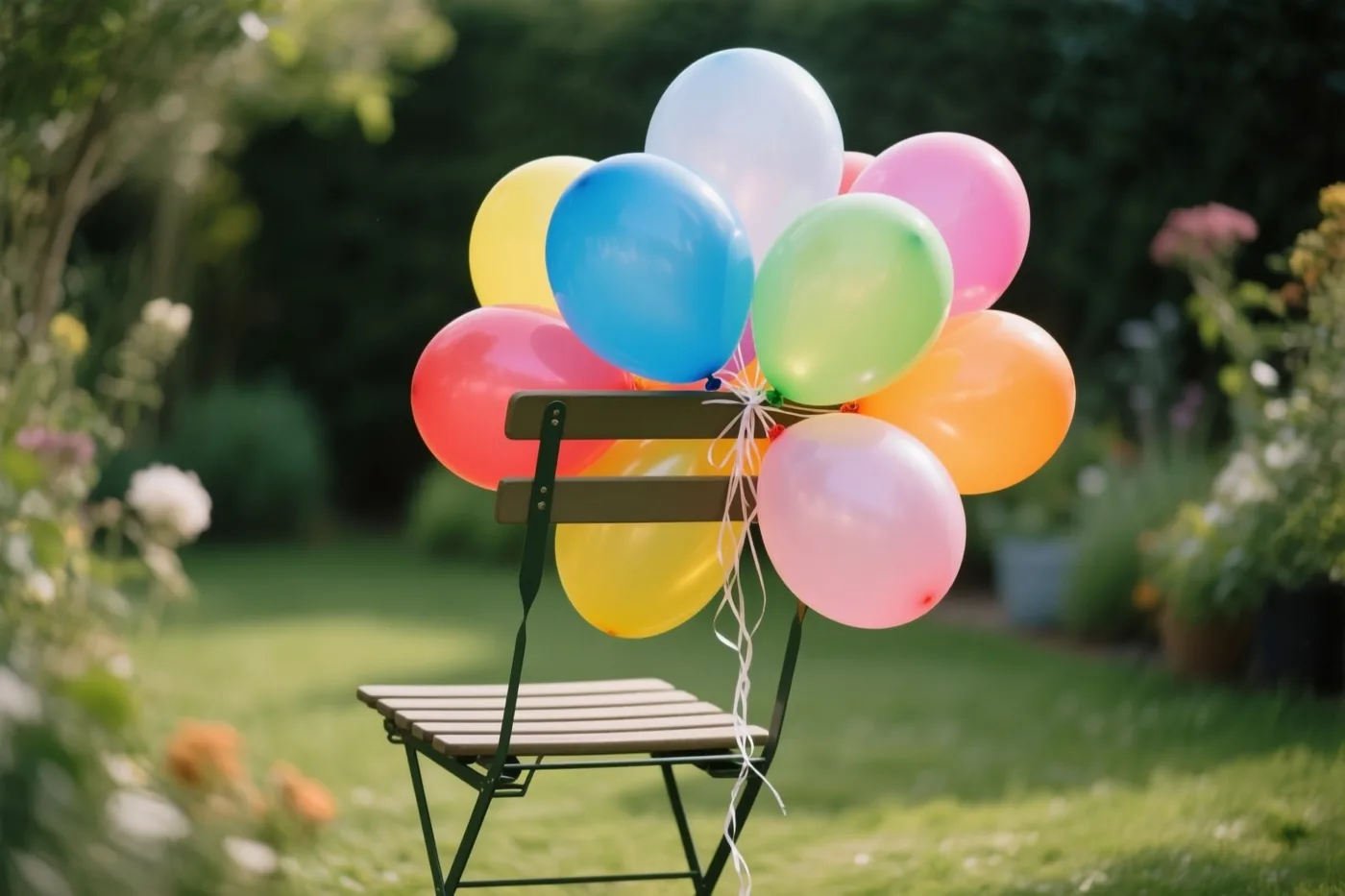 Kleurrijke ballonnen hangen aan de rugleuning van een houten tuinstoel op een gazon, met zonlicht, groen en bloemen op de achtergrond.