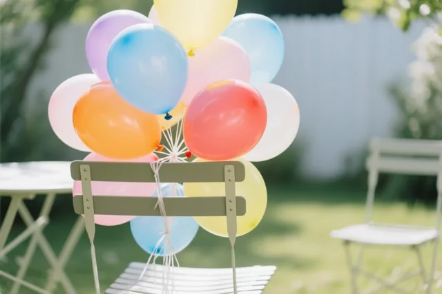 Een tros kleurrijke ballonnen is vastgebonden aan een lichte tuinstoel op een grasveld, met groen en een wit hek op de onscherpe achtergrond.