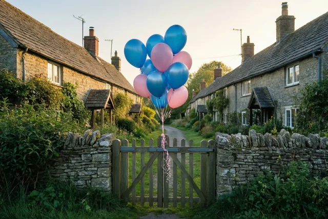 Een tros blauwe en roze ballonnen is aan een houten tuinhek gebonden in een dorpsstraat met stenen huisjes in goudkleurig licht.