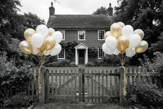 Twee trossen witte en lichtgouden ballonnen hangen aan een houten tuinhek voor een bakstenen hoeve, met de omgeving in zwart-wit.