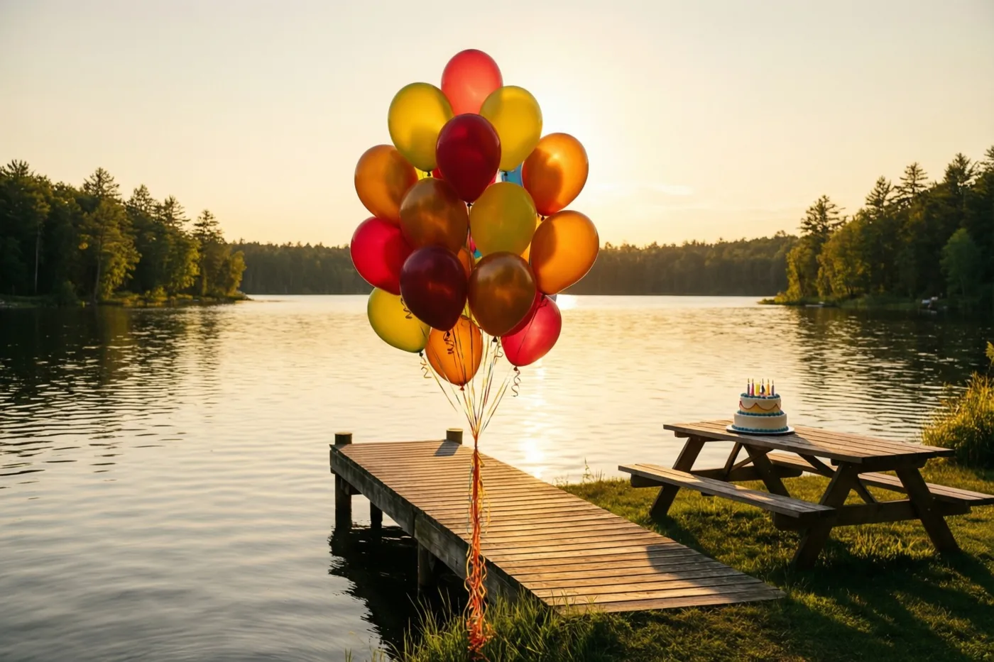 Kleurrijke ballonnen zijn vastgebonden aan een houten steiger in een rustig meer bij zonsondergang, met een verjaardagstaart met kaarsjes op een picknicktafel op de grasrijke oever.