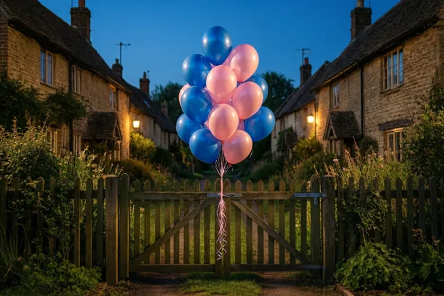 Blauwe en roze ballonnen hangen aan een houten tuinhek in een dorpsstraat bij schemering, met warm verlichte ramen in stenen huisjes.
