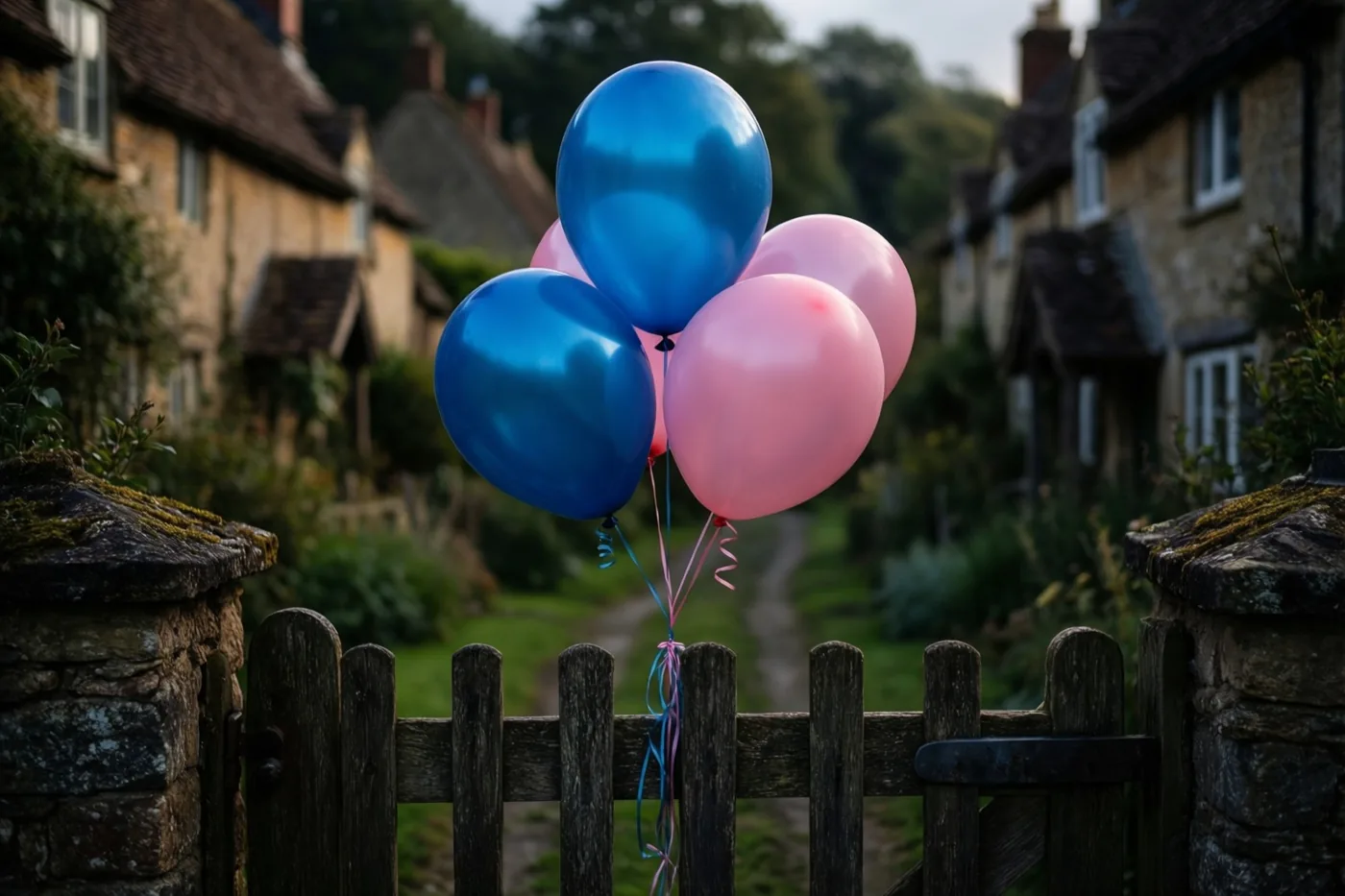 Blauwe en roze ballonnen hangen aan een verweerd houten tuinhek in een dorpsstraat met stenen huisjes, rieten daken en groen.