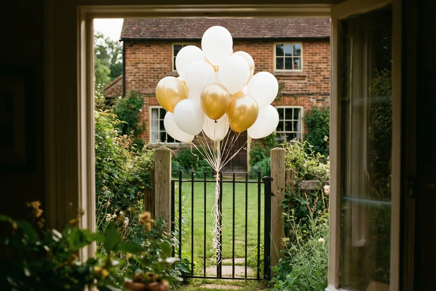 Door een open deuropening is een tros witte en lichtgouden ballonnen te zien aan een zwart metalen tuinhek voor een rode bakstenen hoeve met groen eromheen.