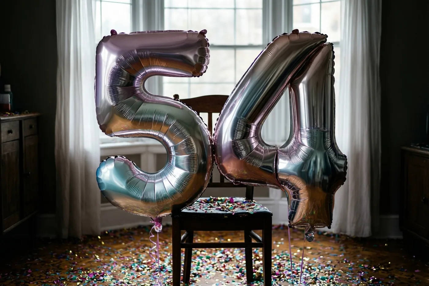 Metalen ballonnen in de vorm van 5 en 4 hangen aan een houten stoel in een kamer met confetti op de vloer en witte gordijnen voor de ramen.