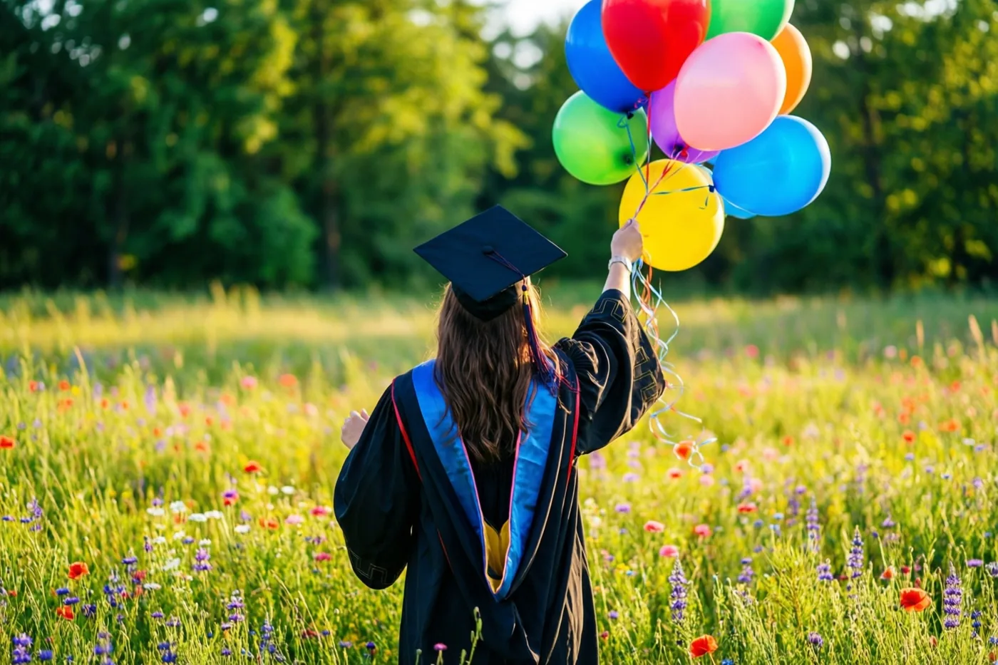 Een afgestudeerde in toga en afstudeerhoed staat met de rug naar de camera in een zonnige weide met wilde bloemen en laat kleurrijke ballonnen los.