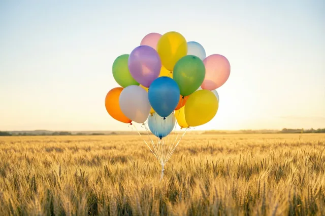 Verjaardagsballonnen boven het graan