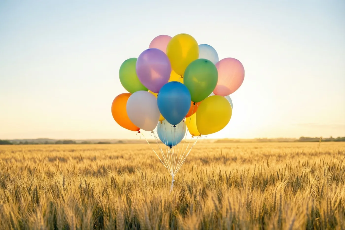 Een tros kleurrijke ballonnen zweeft boven een goudkleurig tarweveld bij zonsondergang, in zacht warm licht onder een heldere hemel.