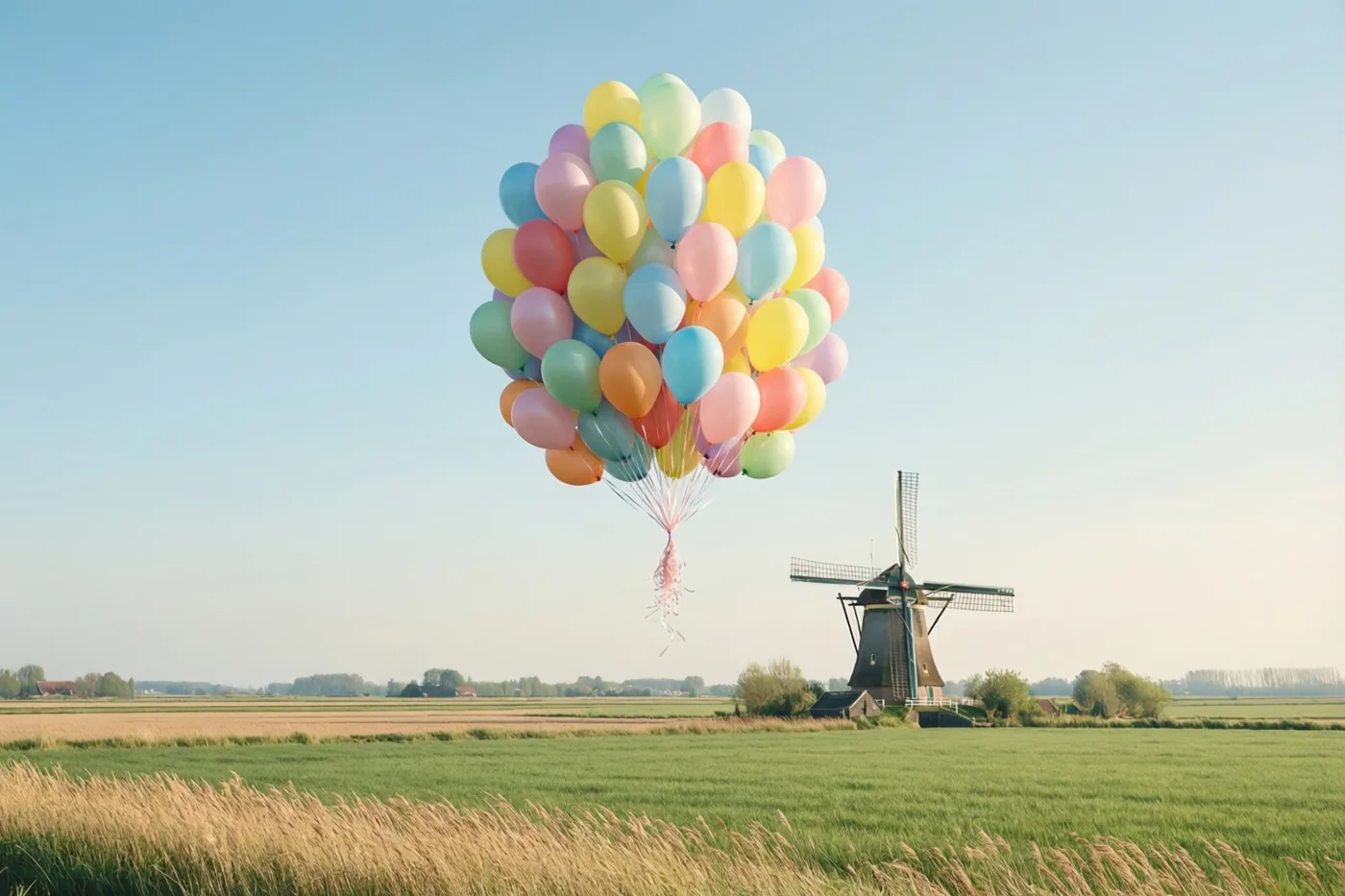 Een grote tros kleurrijke ballonnen zweeft boven een groen polderlandschap met een windmolen in de verte, onder een helderblauwe hemel.