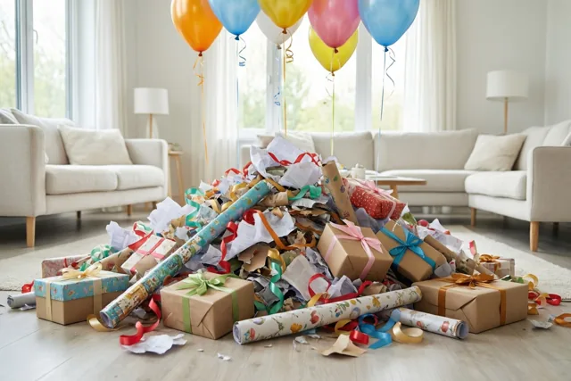 In een lichte woonkamer liggen gescheurd inpakpapier, gekrulde linten en open cadeaudozen op de vloer, terwijl kleurrijke ballonnen bij grote ramen zweven.