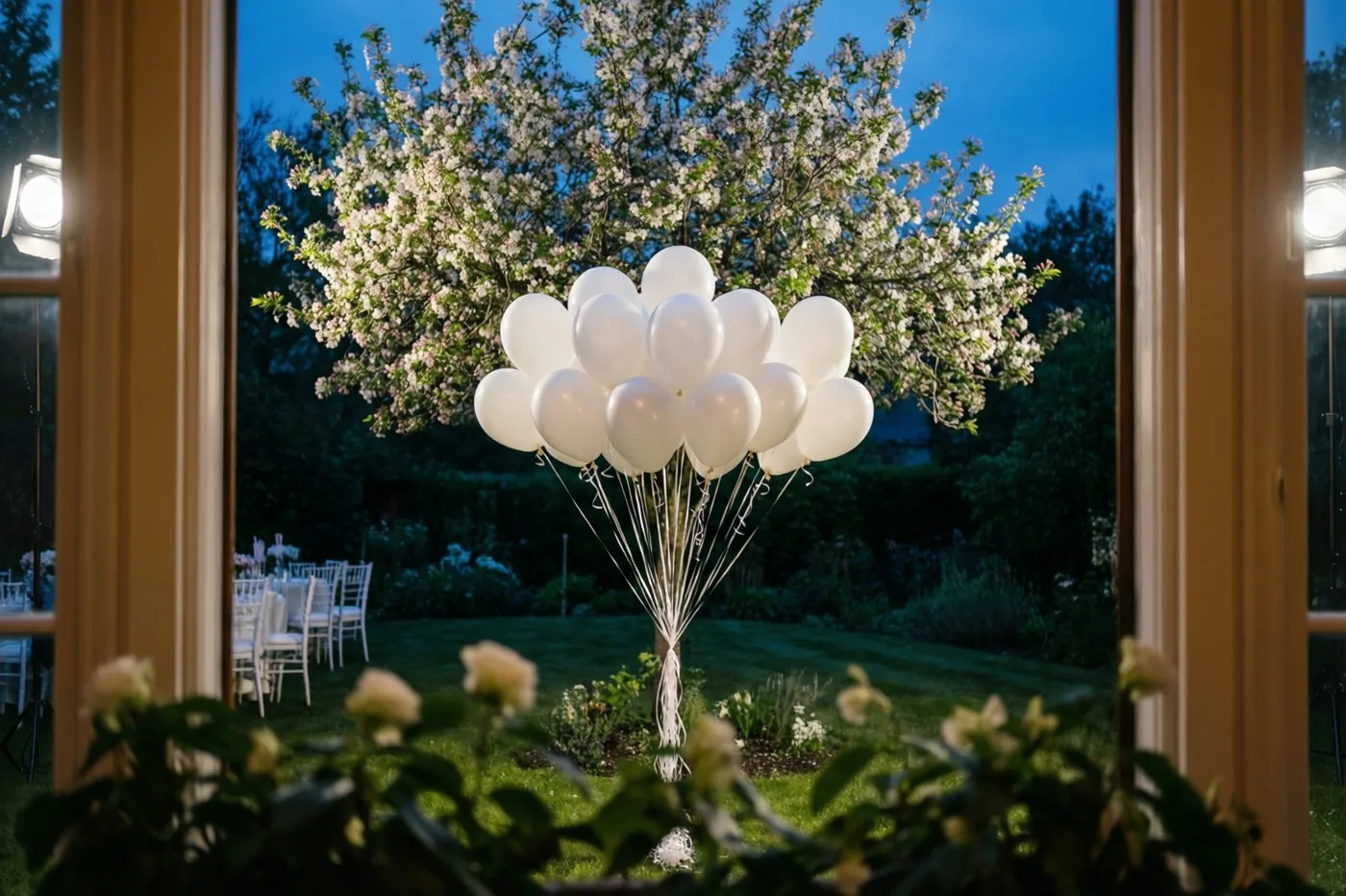 Door een raamkozijn is een tros witte ballonnen aan een bloeiende tuinboom te zien, met groen gras en een blauwe hemel bij schemering.