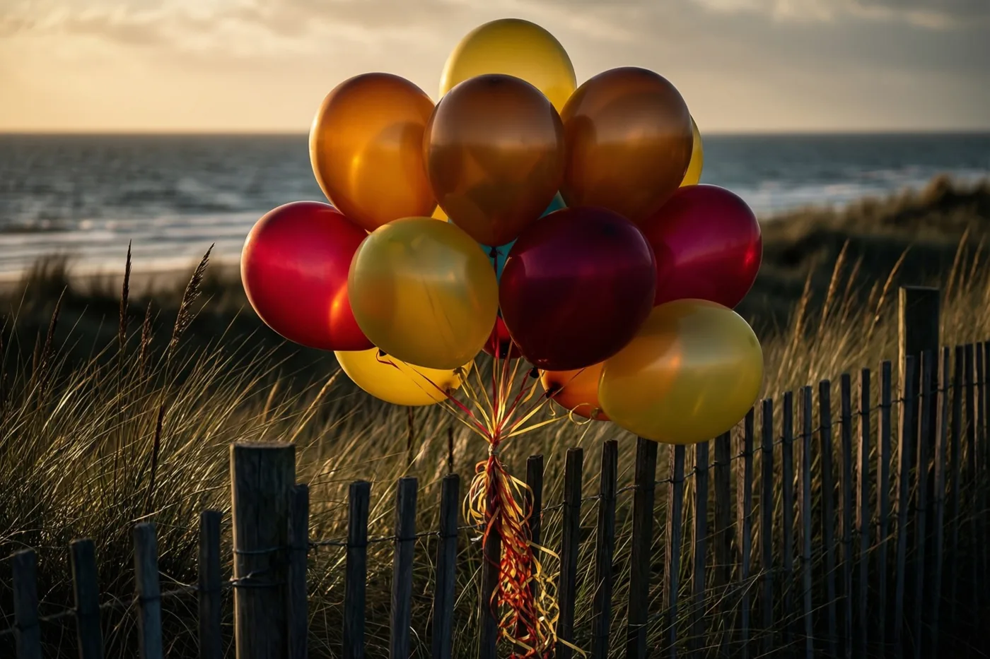 Glanzende rode, gele en oranje ballonnen hangen aan een verweerd houten hek in de duinen, tussen hoog helmgras, met de zee onder een goudkleurige avondlucht op de achtergrond.