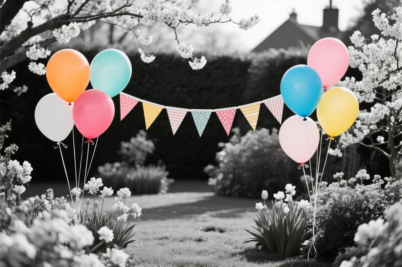 Felgekleurde ballonnen en een vlaggenlijn met een patroon hangen in een lentetuin met bloeiende bomen en bloemen, terwijl de achtergrond in zwart-wit is weergegeven.
