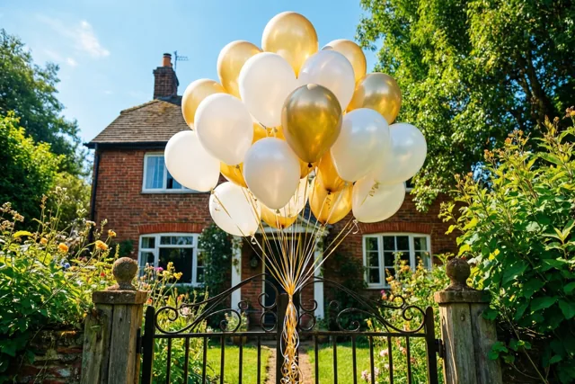 Witte en lichtgouden ballonnen hangen aan een zwart smeedijzeren tuinhek voor een rode bakstenen hoeve in een zonnige tuin met bloemen onder een blauwe lucht.
