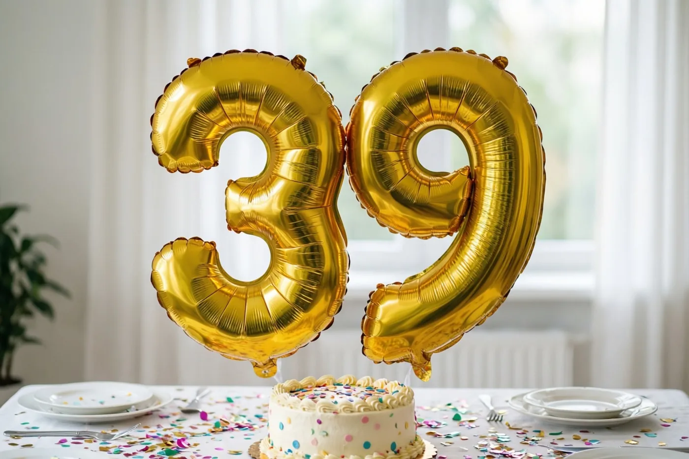 Gouden ballonnen vormen 39 boven een tafel met kleurrijke confetti en een kleine taart met wit glazuur en suikerstrooisel, voor een helder raam met witte gordijnen.