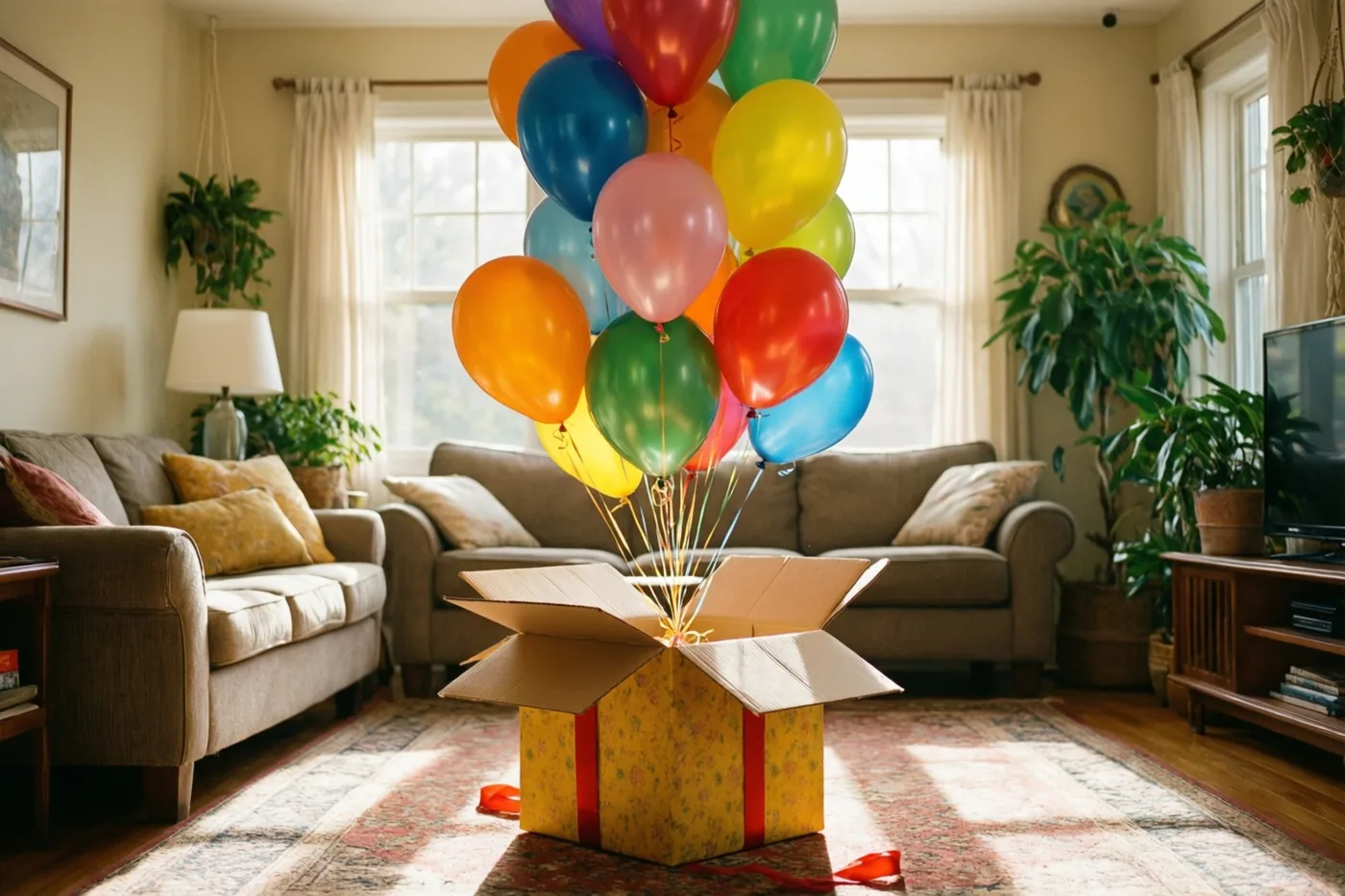 Kleurrijke ballonnen stijgen uit een grote open geschenkdoos met bloemenpatroon en rood lint op een tapijt met een patroon in een lichte woonkamer met zetels, planten en ingelijste kunst.