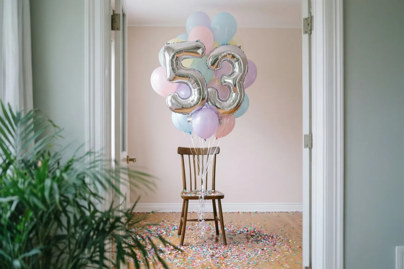 Een houten stoel met zilveren en pastelkleurige ballonnen in de vorm van 53 staat in een lichte kamer met confetti op de houten vloer, gezien door een deuropening.