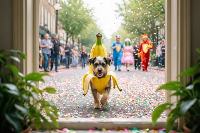 Een banaanhondje komt voorbij