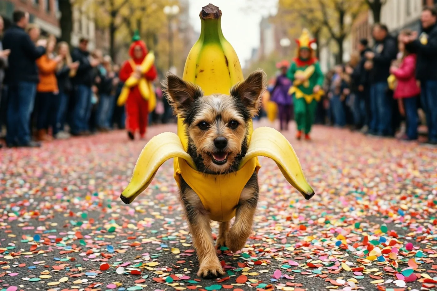 Een kleine hond in een bananenkostuum draaft over een straat vol kleurrijke confetti, met onscherpe verklede mensen en toeschouwers langs de kant.