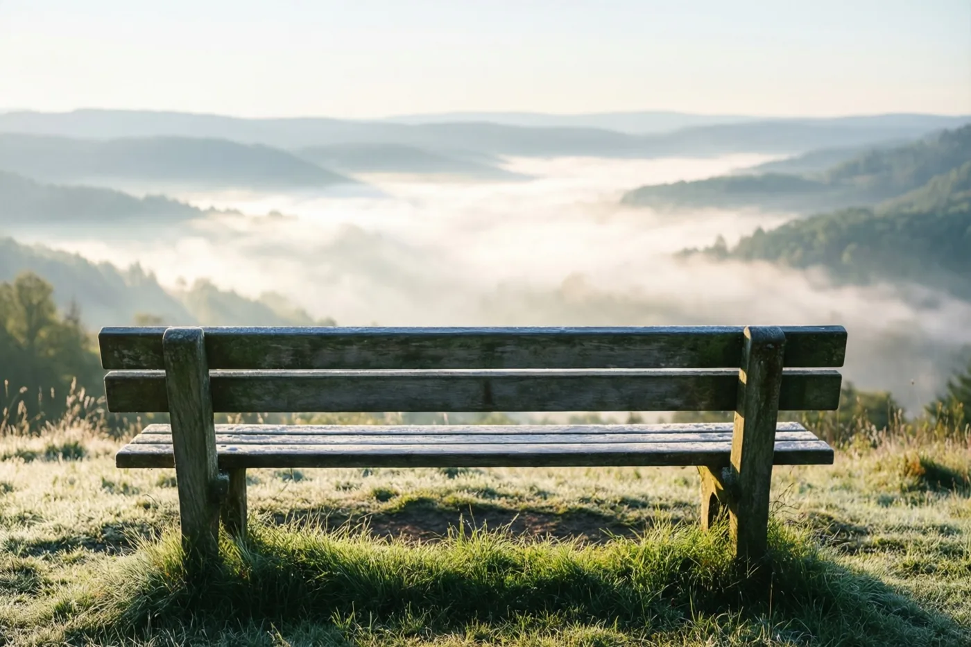 Een lege houten bank staat op een met gras begroeide heuveltop boven een vallei vol ochtendmist, in zacht licht en groene, grijze en lichtblauwe tinten.