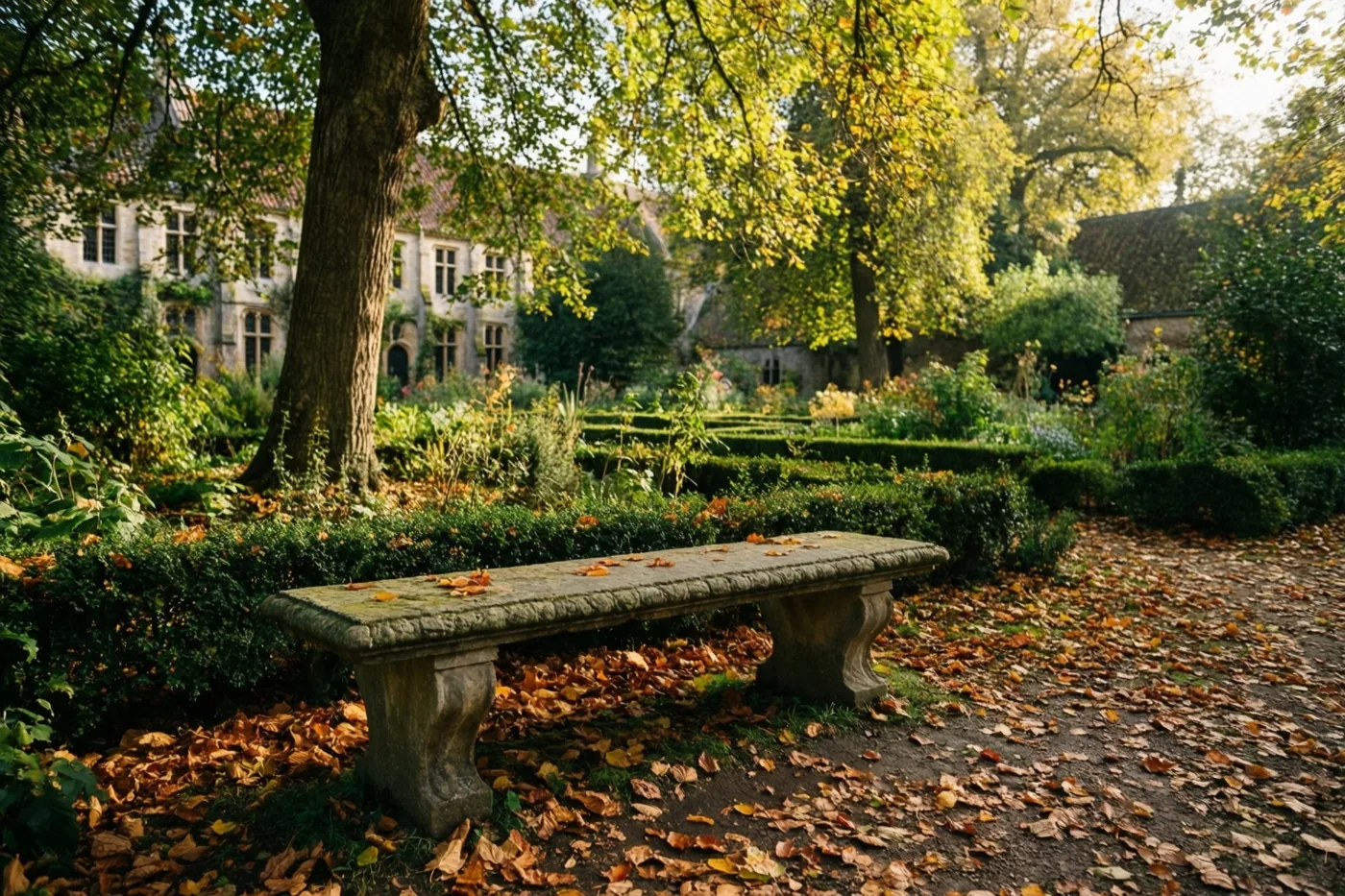 Een stenen bank staat tussen afgevallen herfstbladeren in een rustige begijnhoftuin, waar warm goudkleurig zonlicht door de bomen valt.