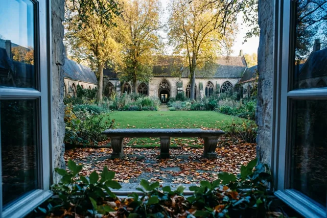 Door een raam met stenen zuilen is een stenen bank te zien tussen herfstbladeren in een begijnhoftuin, met gotische gebouwen en goudkleurige bomen in zacht warm licht.