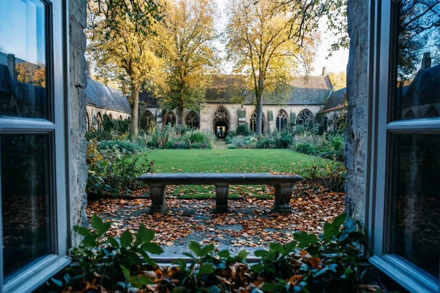 Door een raam met stenen zuilen is een stenen bank te zien tussen herfstbladeren in een begijnhoftuin, met gotische gebouwen en goudkleurige bomen in zacht warm licht.
