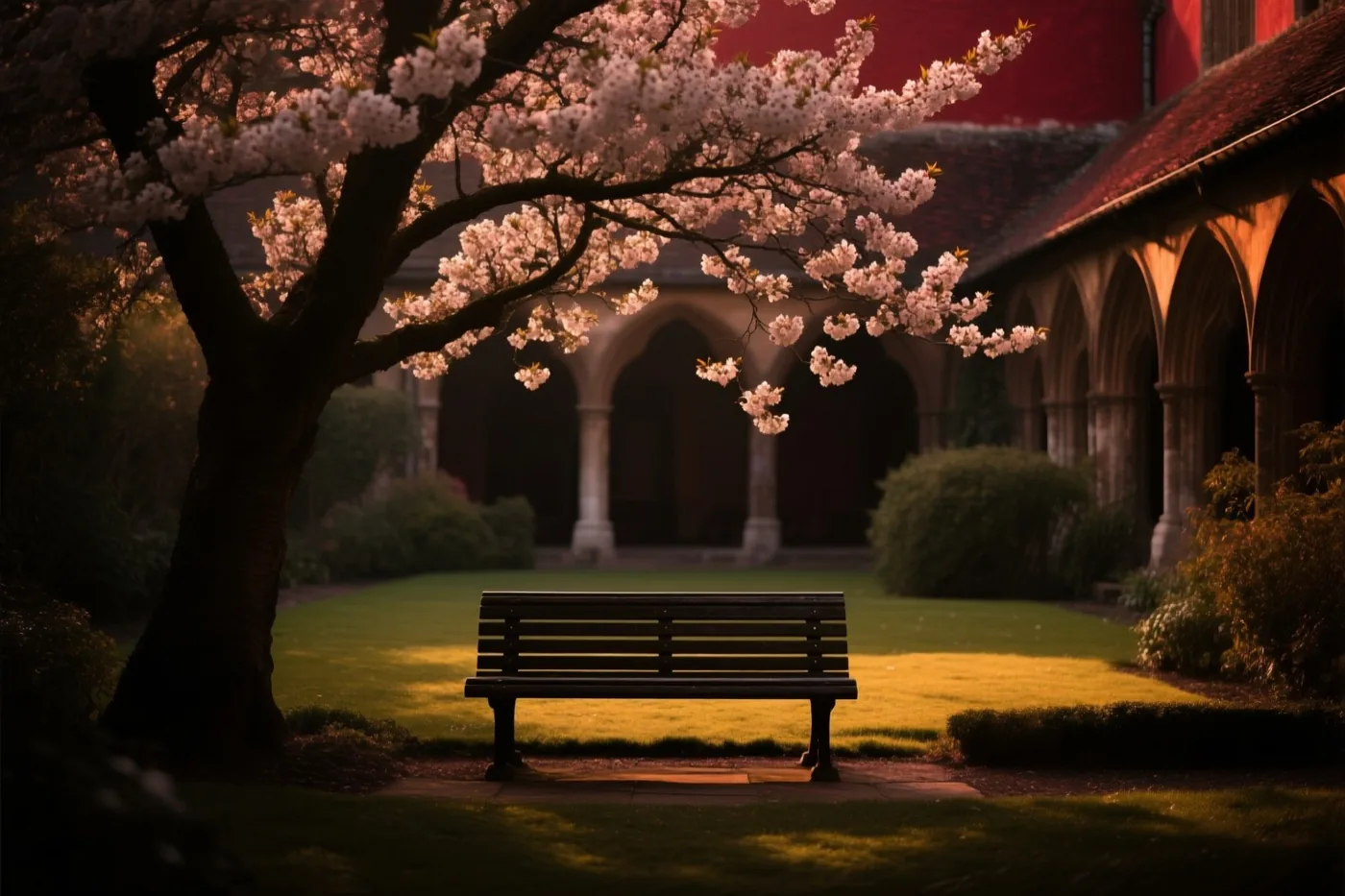 Een houten bank staat onder een kersenboom met roze bloesems in een oude kloostertuin met booggangen in warm goudkleurig licht.