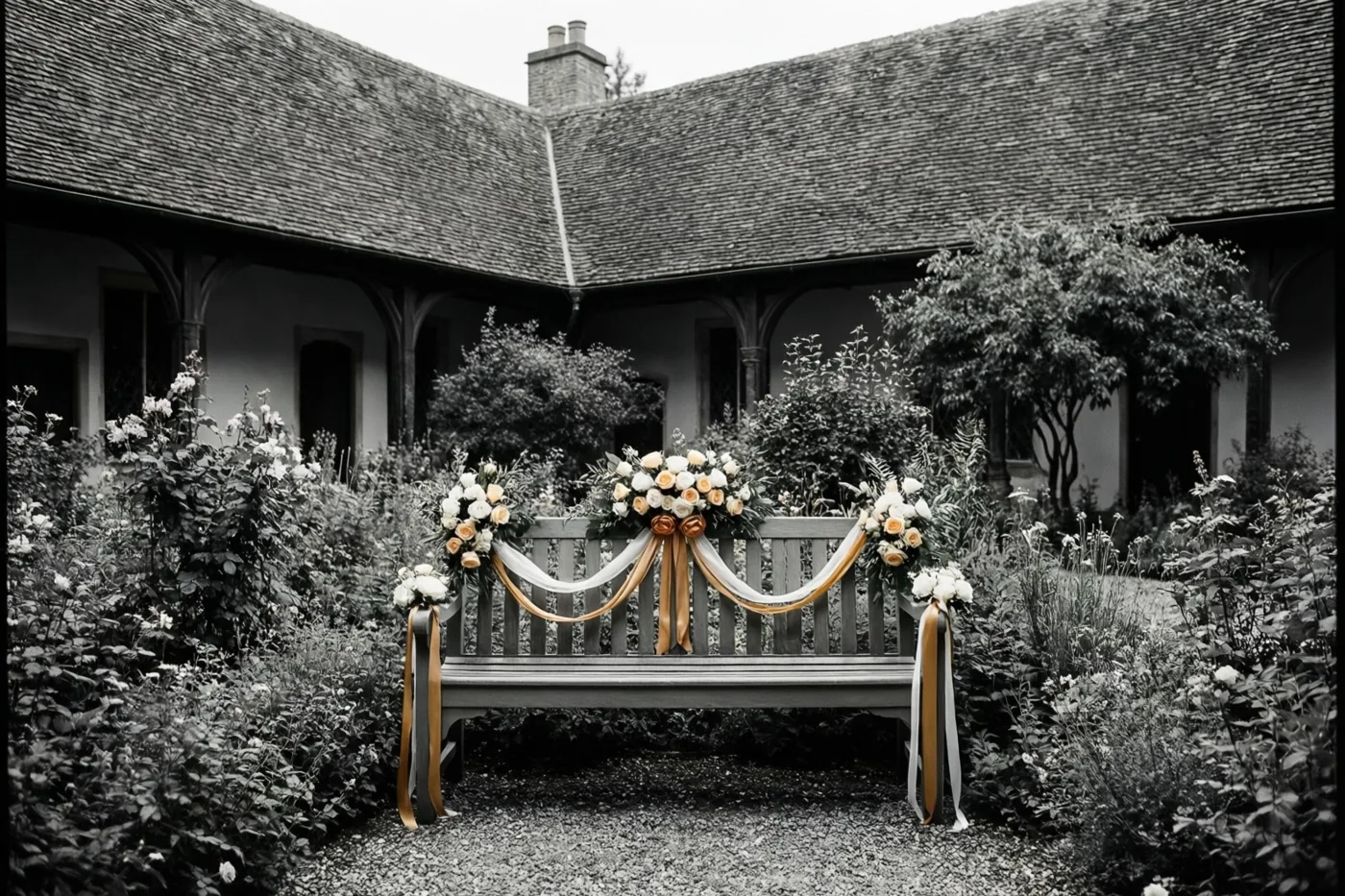 Een houten bank met bloemstukken en linten staat tussen weelderig groen en een historisch gebouw met een pannendak, in zwart-wit met kleuraccenten op de bloemen en linten.