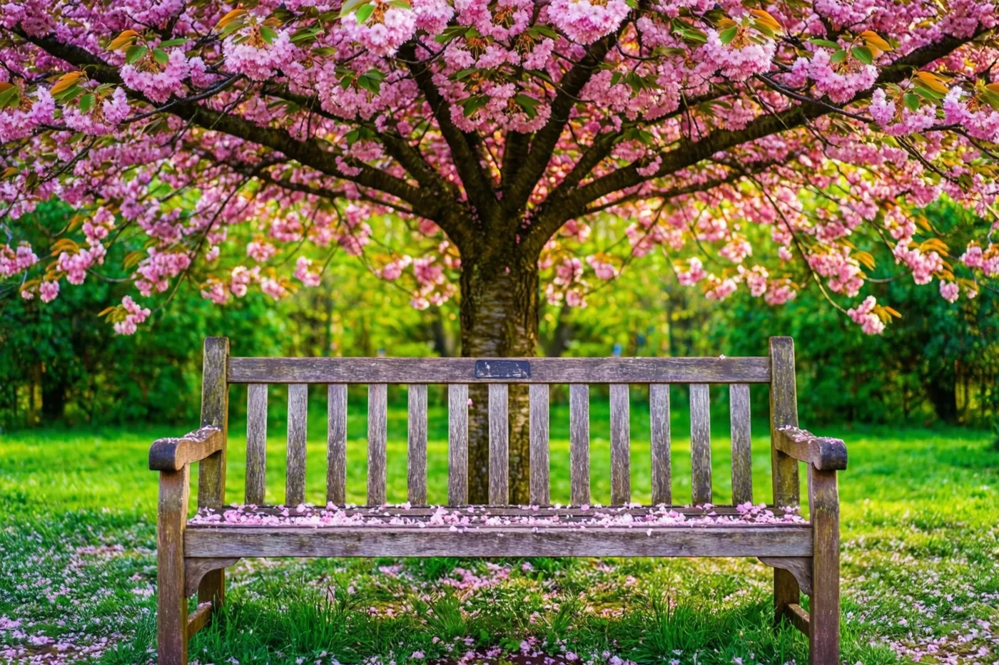 Een houten bank staat onder een grote kersenboom in volle bloei in een groen park, met roze bloemblaadjes op de zitting en het gras in helder daglicht.