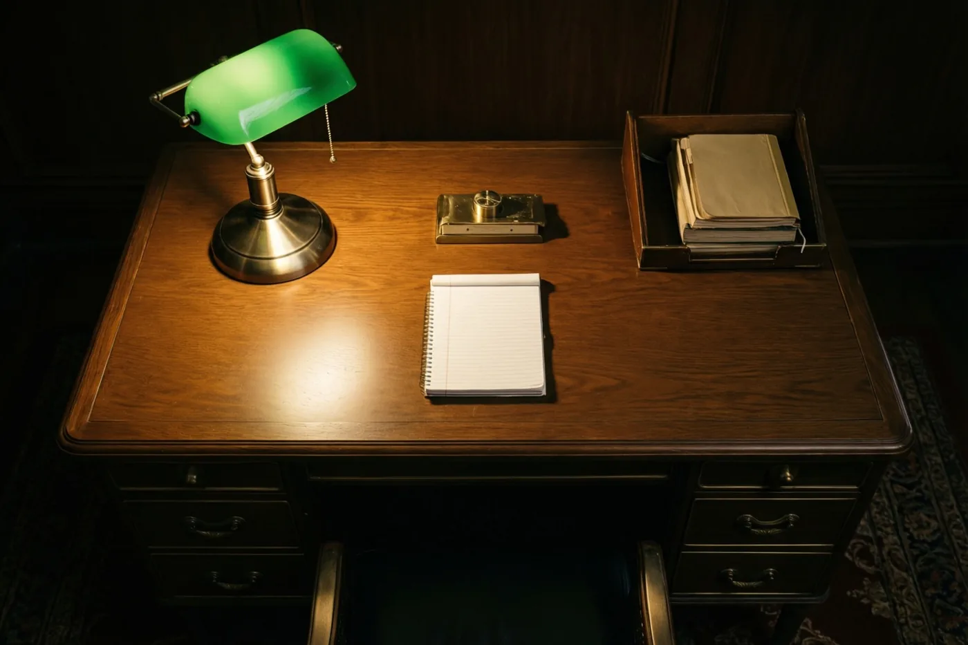 Een houten bureau uit de jaren vijftig met een groene bankierslamp en een nieuw notitieblok staat in warm, gericht licht.