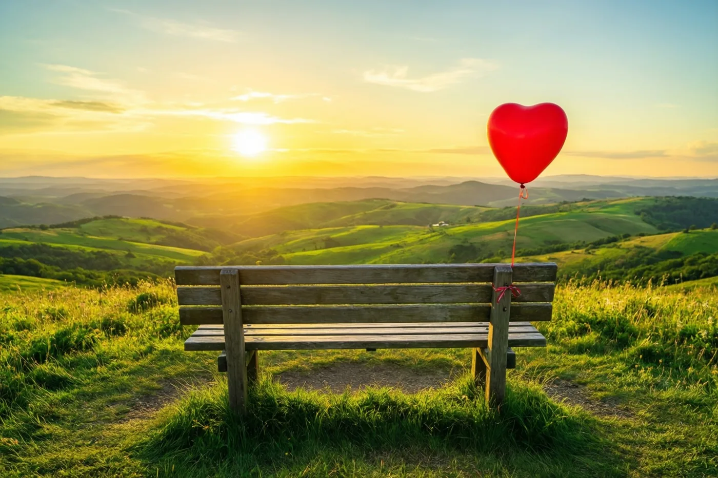 Een houten bank met een rode hartjesballon aan de rugleuning staat op een grasheuvel boven glooiende groene heuvels, in goudkleurig avondlicht onder een heldere hemel.